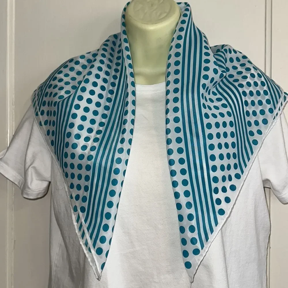 Vtg mid century white polyester‎ square scarf / turquoise stripes & polka dots